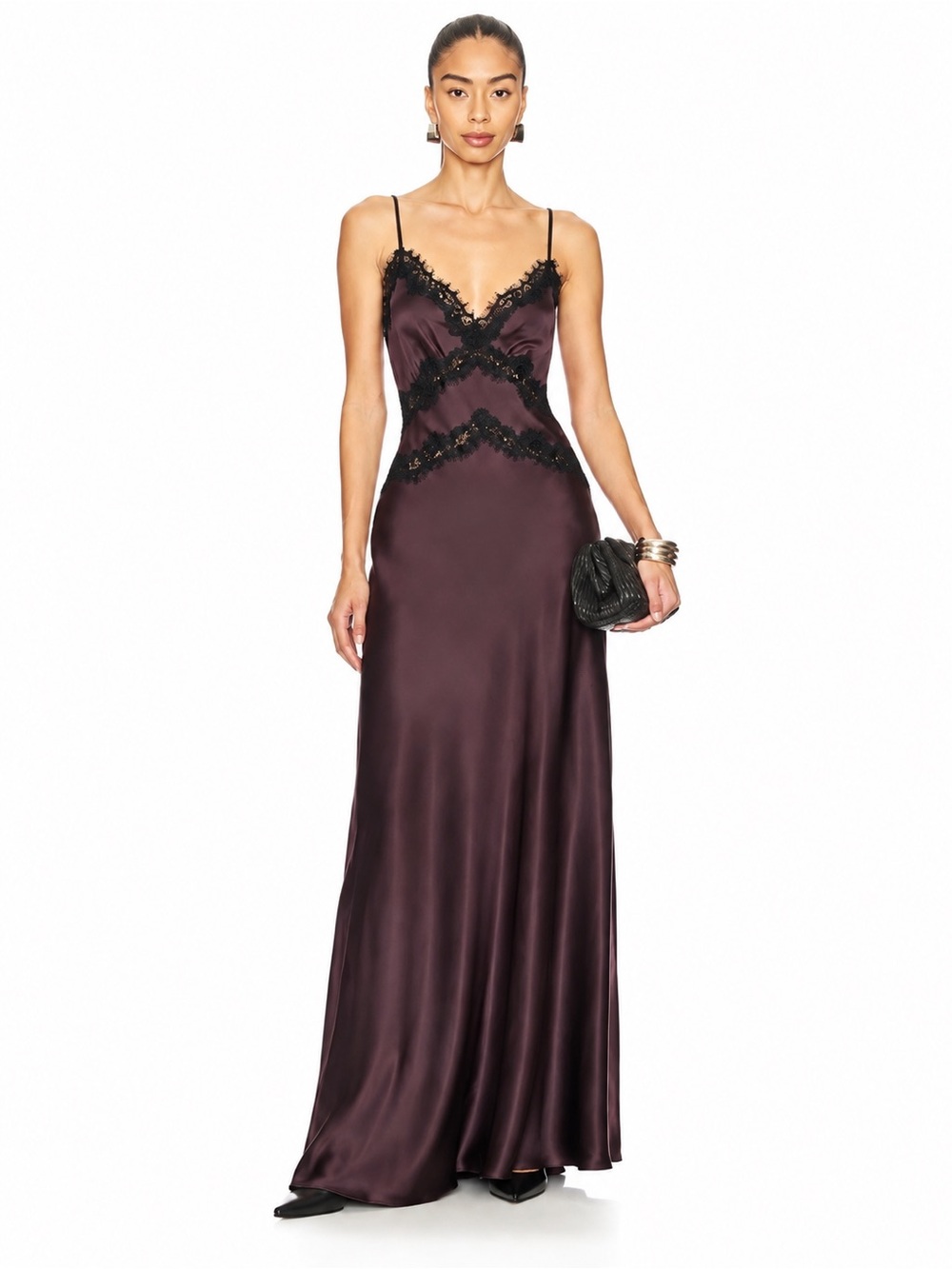 House of Harlow 1960 Plum Maxi Slip Dress with Black Lace Trim